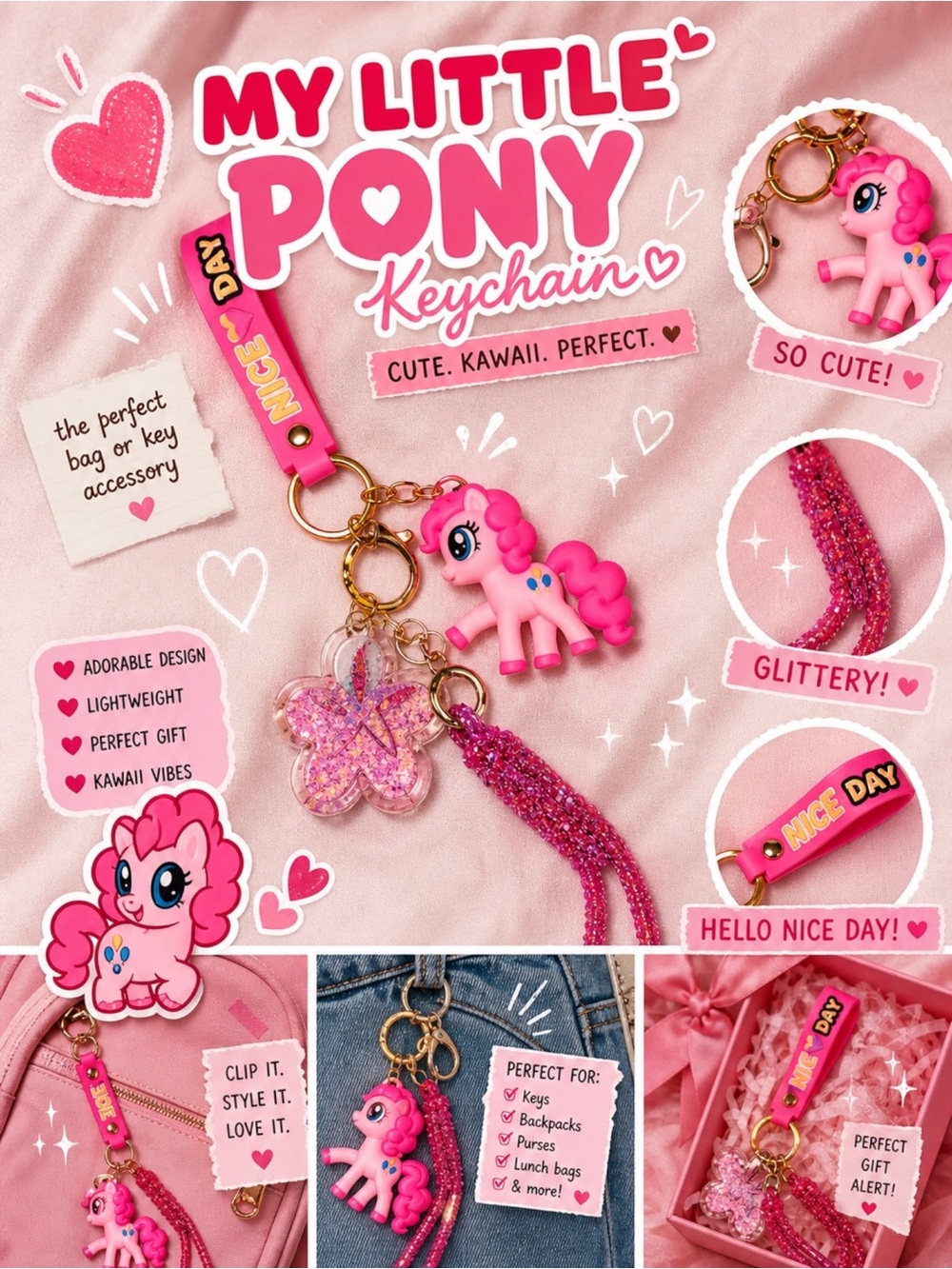 Kawaii Pink Pony Keychain Charm Set | Cute Glitter Wristlet Strap Bag Accessory